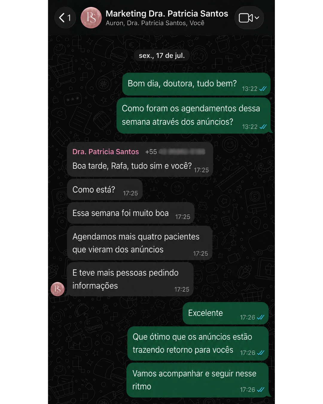 Conversa no WhatsApp com a Dra. Patricia Santos relatando quatro novos pacientes vindos dos anúncios e mais pessoas pedindo informações